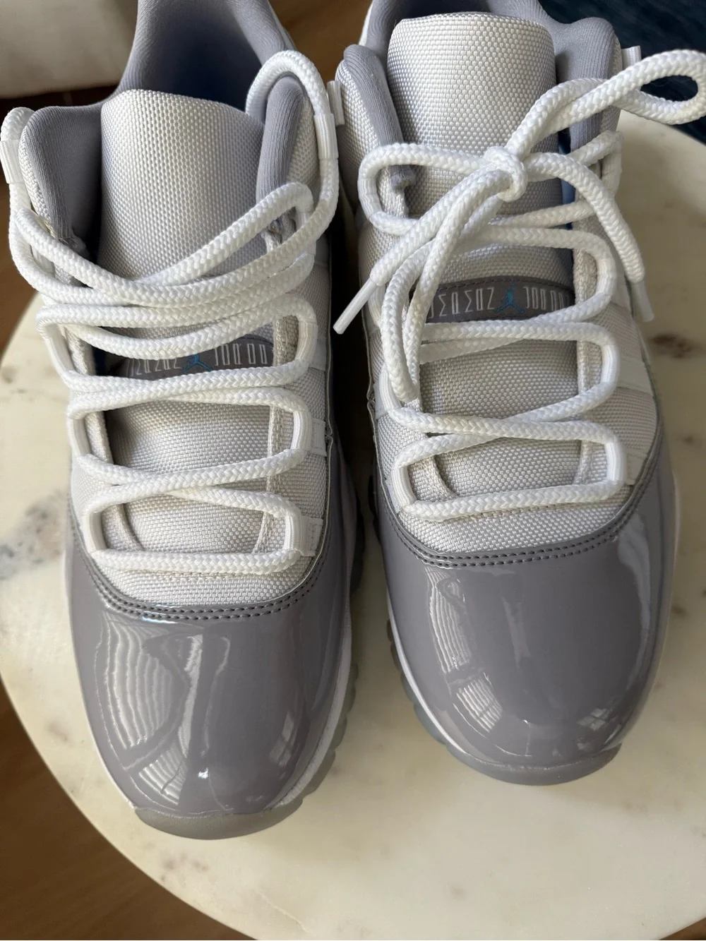 Jordan Men’s Low Top Athletic Shoes in White and Gray Patent